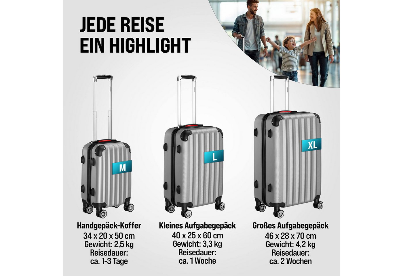 monzana Kofferset, Koffer Zwillingsrollen Zahlenschloss Waage Gurt Reisekoffer silber – Bild 4 von 5