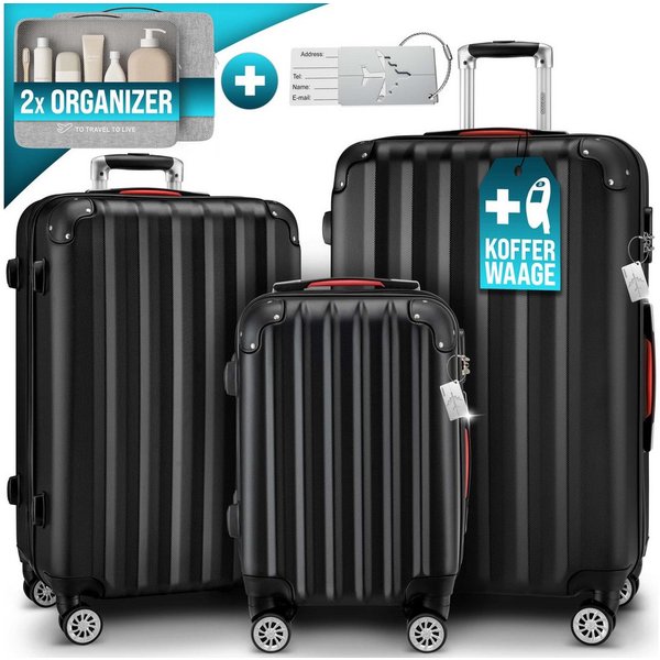 monzana Kofferset, Koffer Zwillingsrollen Zahlenschloss Waage Gurt Reisekoffer schwarz