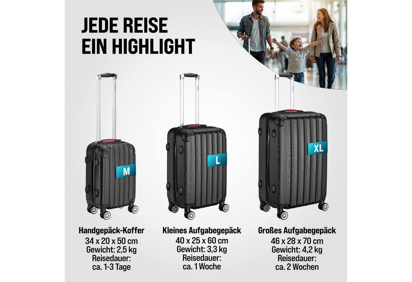monzana Kofferset, Koffer Zwillingsrollen Zahlenschloss Waage Gurt Reisekoffer schwarz – Bild 4 von 5