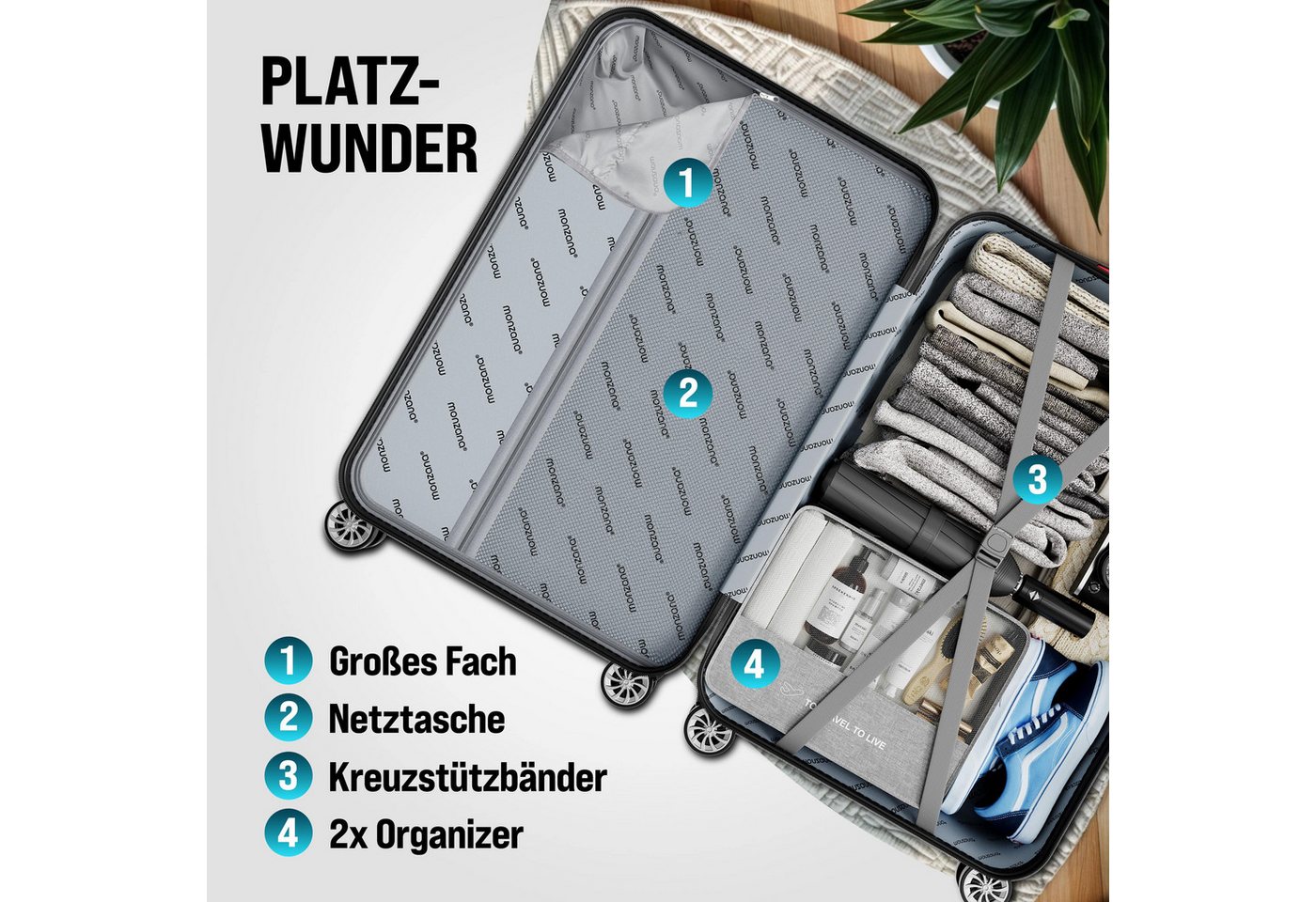 monzana Kofferset, Zwillingsrollen Zahlenschloss Waage Reisekoffer Trolley Koffer Silber – Bild 4 von 5