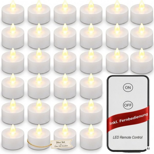 monzana LED-Kerze, Kerzen, +300H elektrisch flackernd Fernbedienung Batterien 30xTeelichter 3,7CM