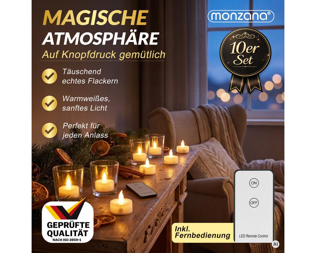 monzana LED-Kerze, Kerzen, +300H elektrisch flackernd Fernbedienung Batterien 10xTeelichter 3,7CM – Bild 3 von 5