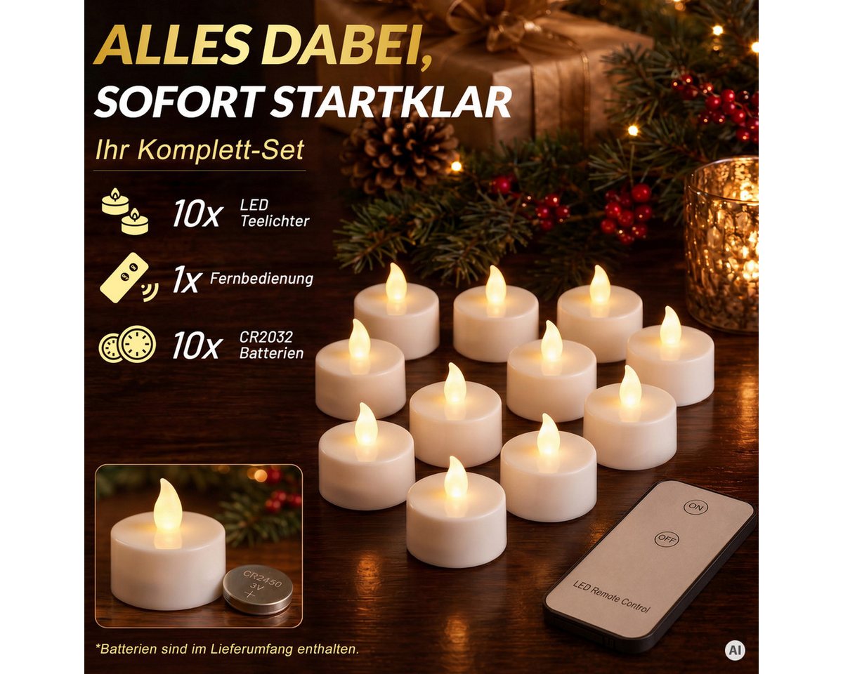 monzana LED-Kerze, Kerzen, +300H elektrisch flackernd Fernbedienung Batterien 10xTeelichter 3,7CM – Bild 4 von 5