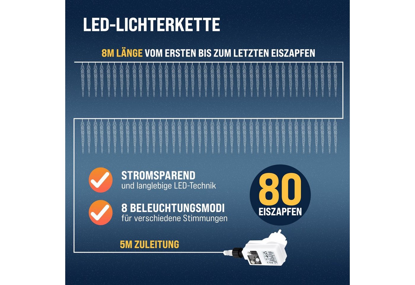 monzana Lichterkette, Eiszapfen Lichterkette 13m Fernbedienung 80 Zapfen – Bild 3 von 5