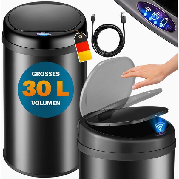 monzana Mülleimer, 30 L Automatik Sensor Mülleimer LED Display Müllbehälter berührungslos