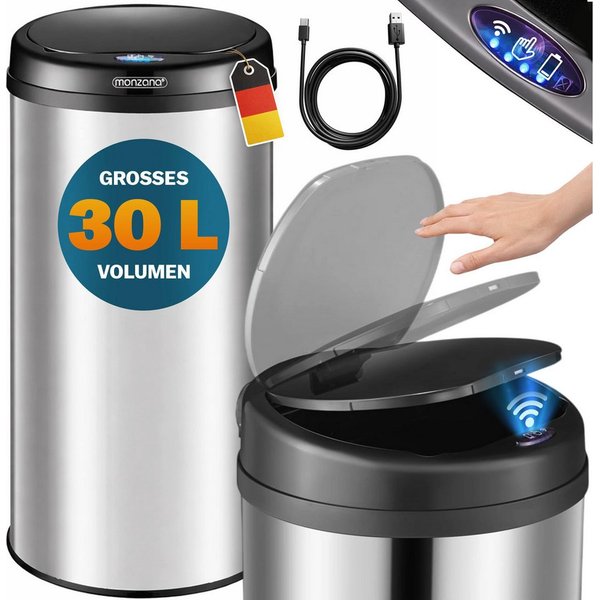 monzana Mülleimer, 30 L Automatik Sensor Mülleimer LED Display Müllbehälter berührungslos