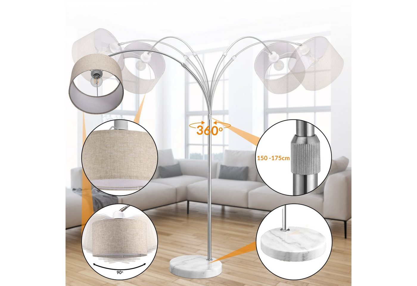 monzana Stehlampe, Bogenlampe, Stoffschirm Leinen Marmorfuß 150-175 cm Höhenverstellbar Schwenkbar – Bild 3 von 5