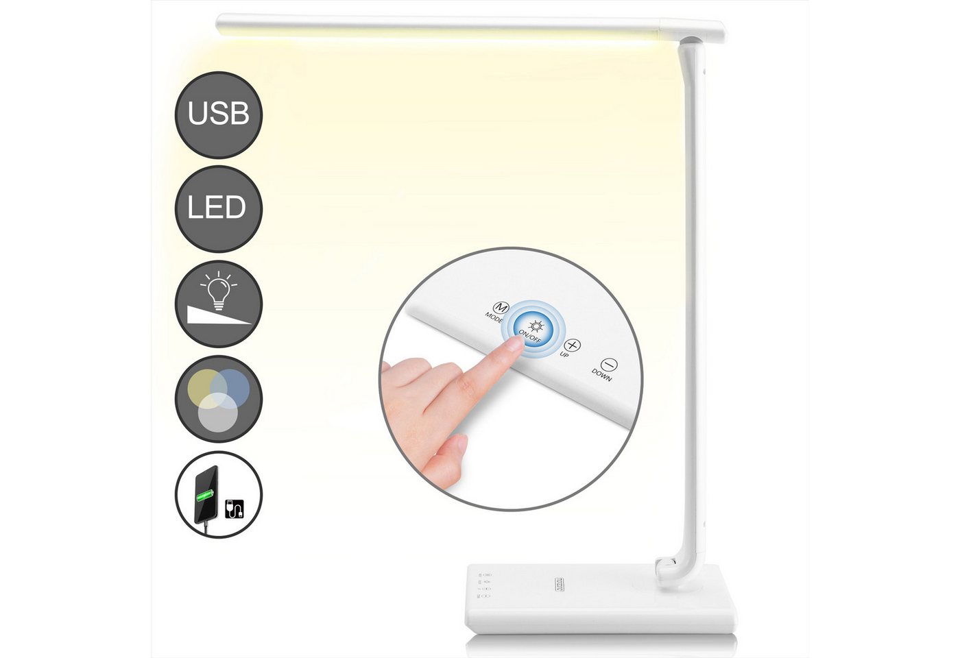 monzana Tischleuchte Cataleya, Weiß, LED Schreibtischlampe Weiß 3 Farb- und 5 Helligkeitsstufen USB – Bild 5 von 5