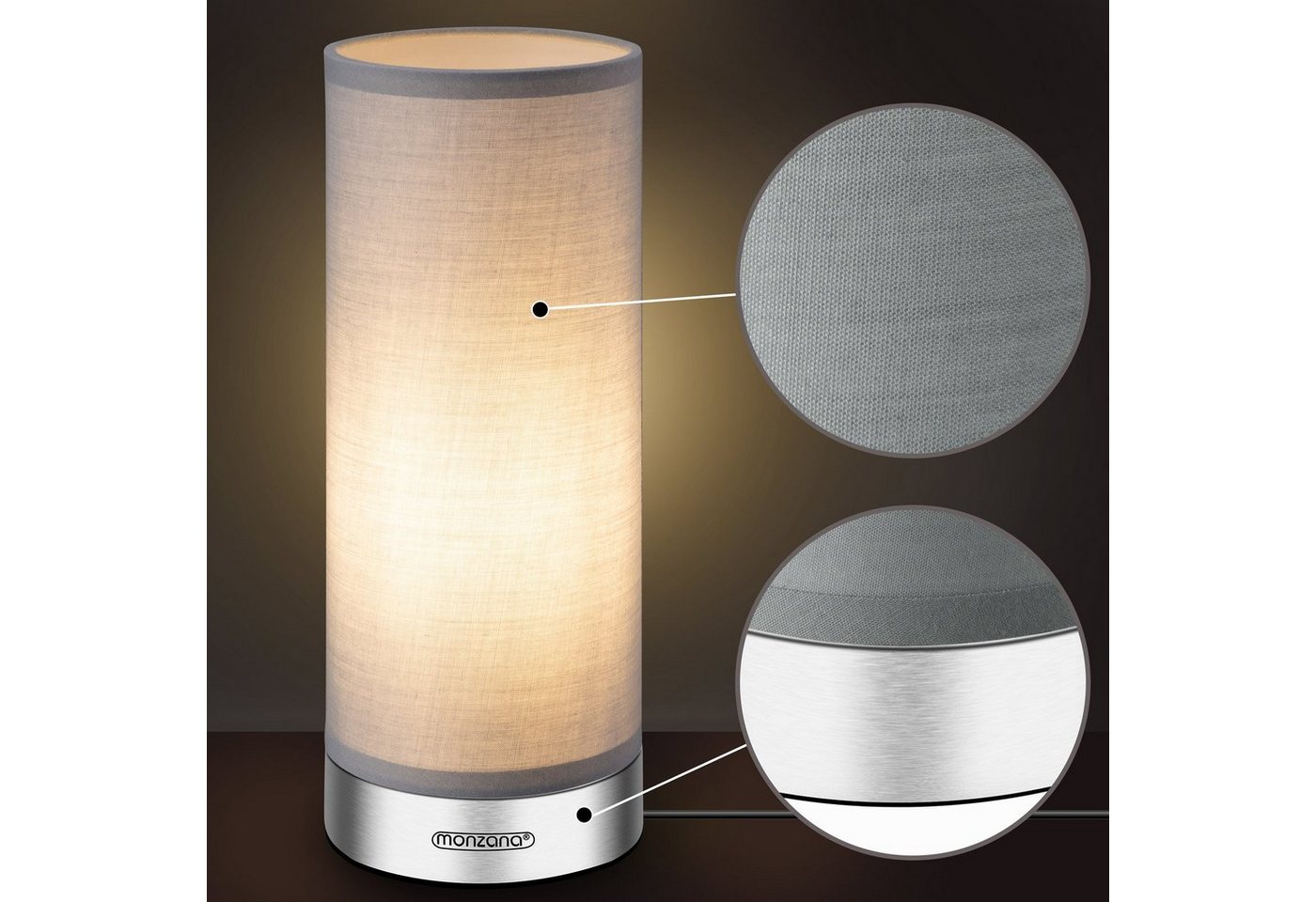 monzana Tischleuchte Jasmin, Jasmin - Grau, 2er Set LED Touch Dimmbar Schlafzimmer Wohnzimmer Nachttischlampe – Bild 3 von 5