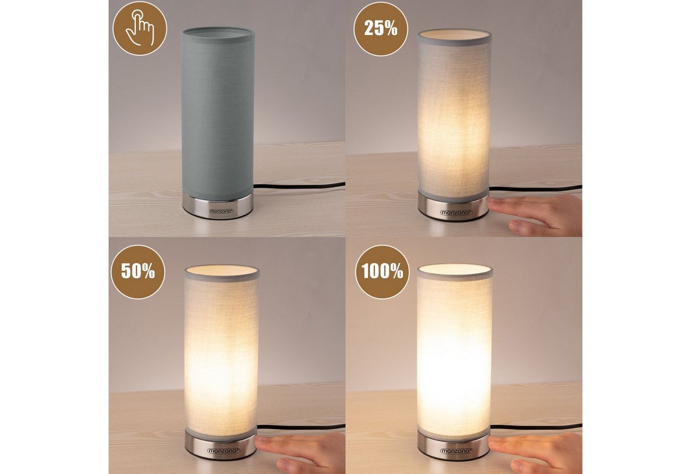 monzana Tischleuchte Jasmin, Jasmin - Grau, 2er Set LED Touch Dimmbar Schlafzimmer Wohnzimmer Nachttischlampe – Bild 4 von 5