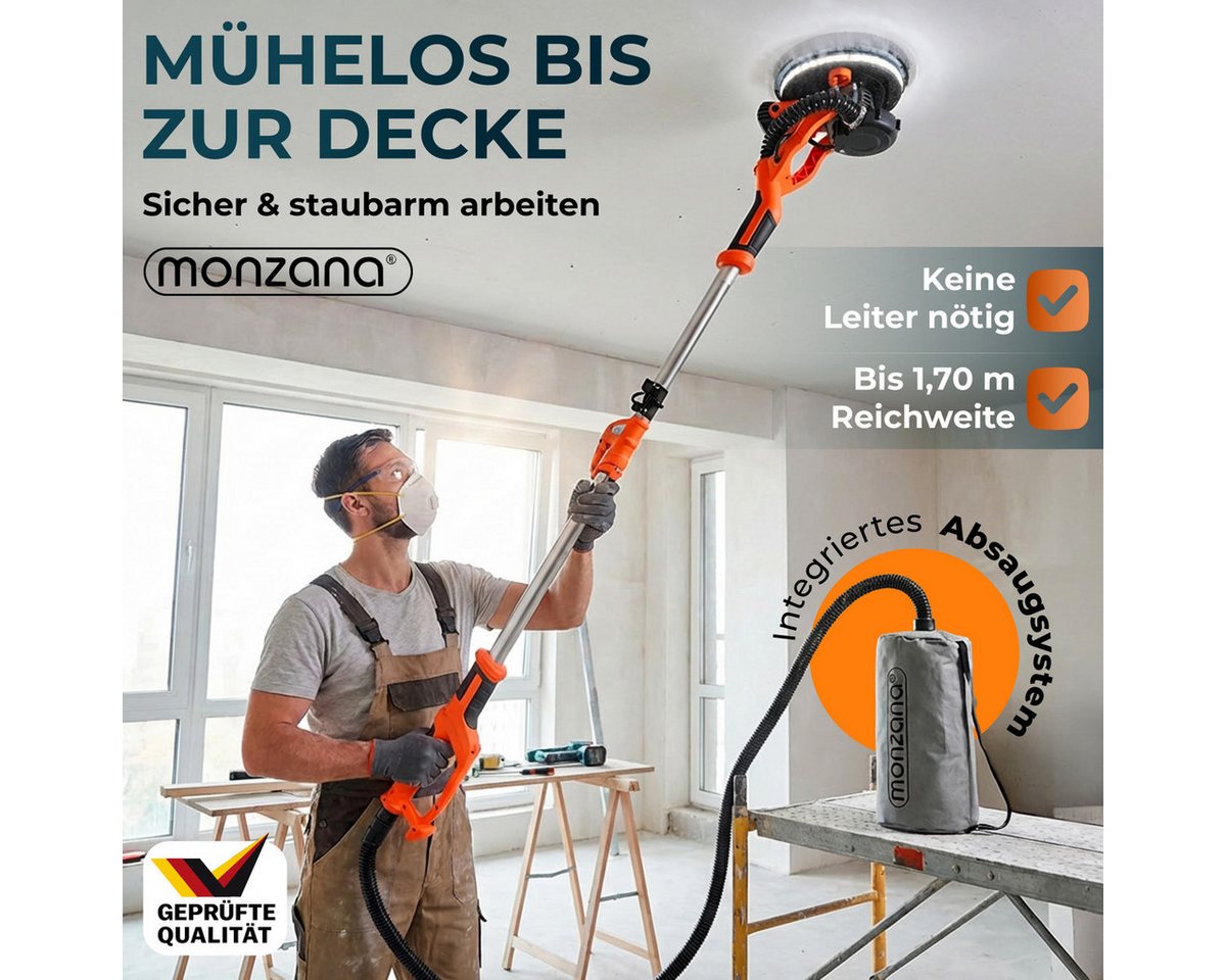 monzana Trockenbauschleifer, 750 Watt max 1750 U/min 12x Ø 225mm Schleifscheiben Deckenschleifer – Bild 2 von 5