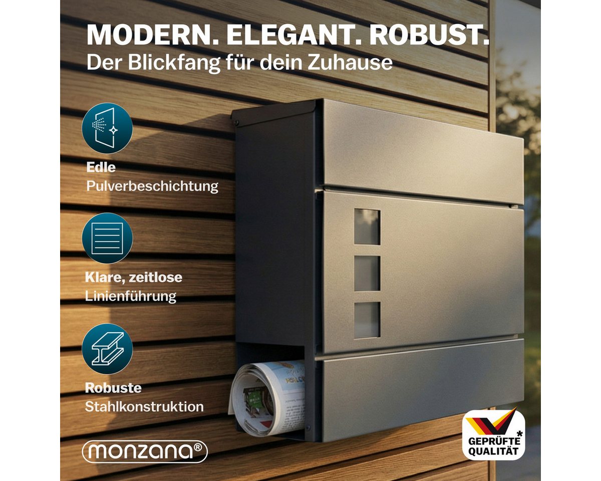monzana Wandbriefkasten, Design Stahl mit Zeitungsfach Sichtfenster 2 Schlüssel – Bild 2 von 5