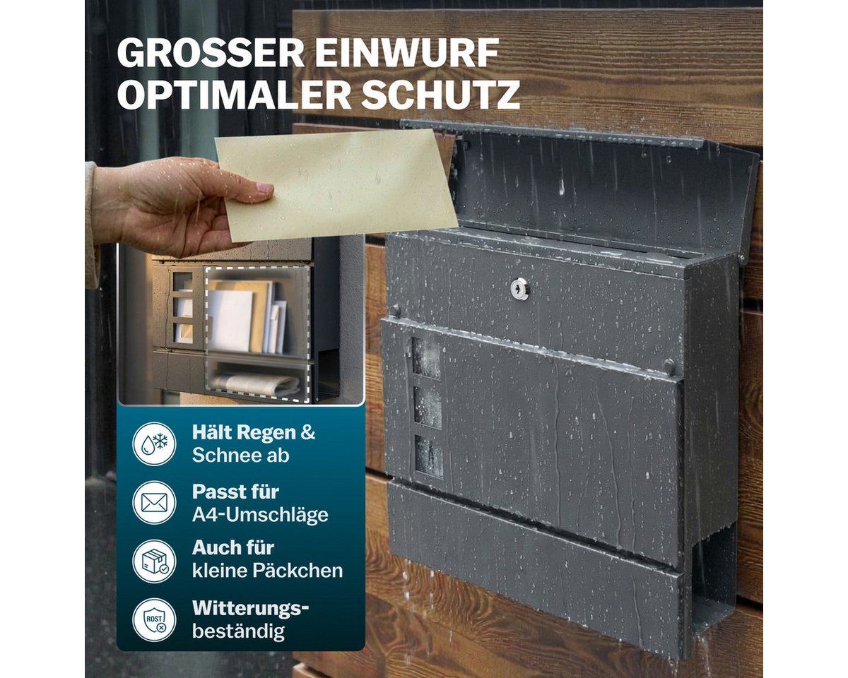 monzana Wandbriefkasten, Design Stahl mit Zeitungsfach Sichtfenster 2 Schlüssel – Bild 3 von 5