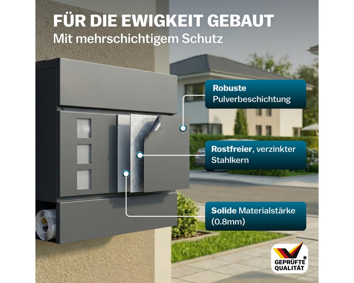 monzana Wandbriefkasten, Design Stahl mit Zeitungsfach Sichtfenster 2 Schlüssel – Bild 4 von 5