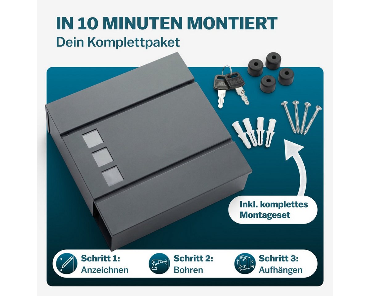 monzana Wandbriefkasten, Design Stahl mit Zeitungsfach Sichtfenster 2 Schlüssel – Bild 5 von 5