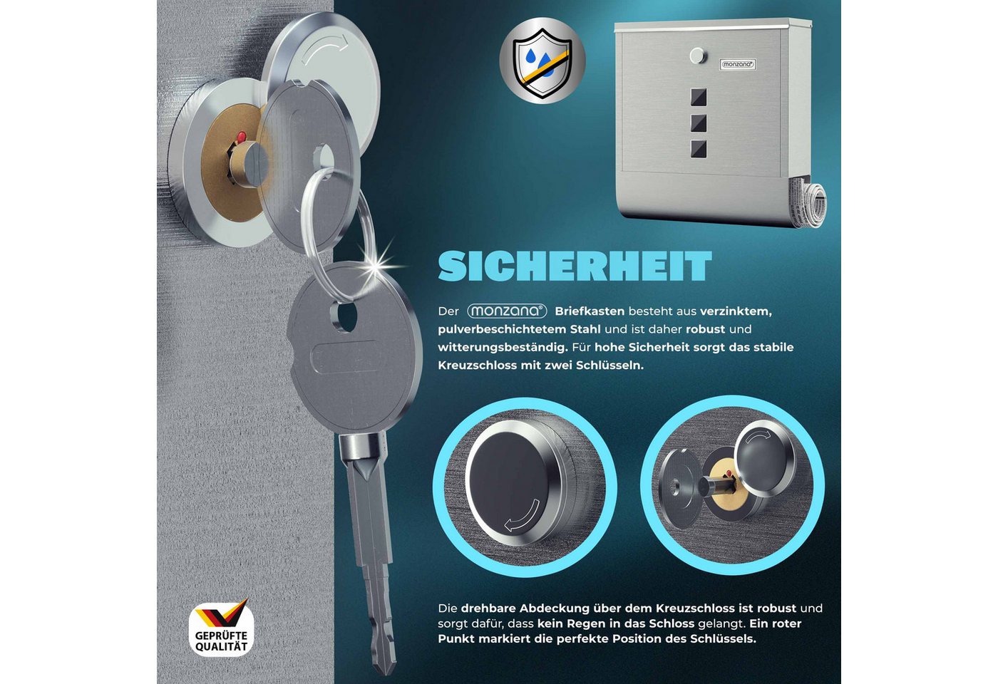 monzana Wandbriefkasten, Silber Edelstahl mit Zeitungsfach Kreuzschloss Sichtfenster – Bild 2 von 5