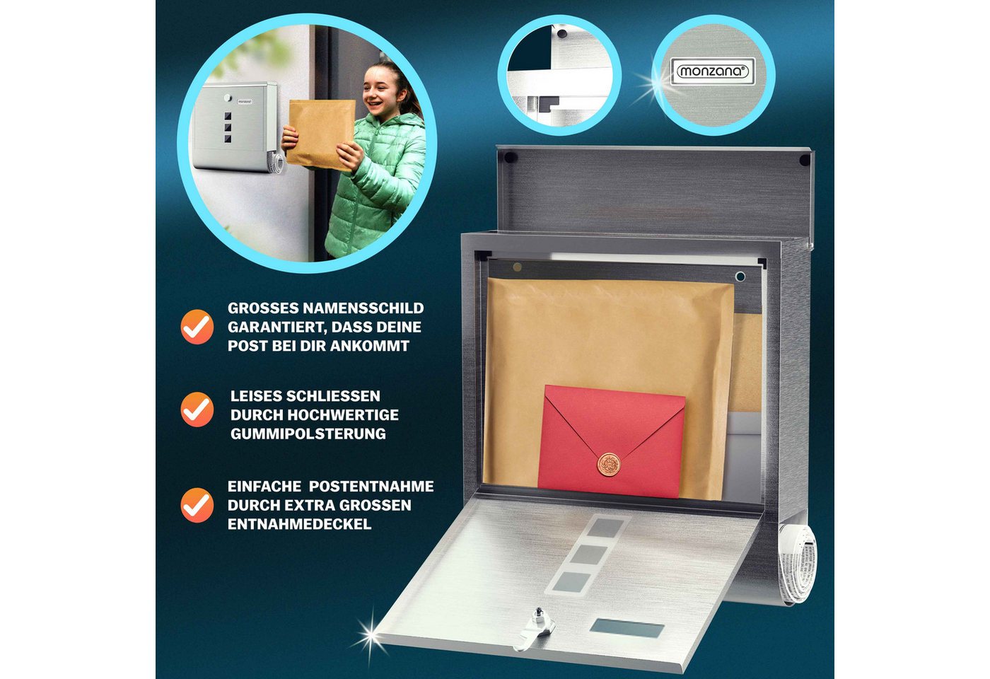 monzana Wandbriefkasten, Silber Edelstahl mit Zeitungsfach Kreuzschloss Sichtfenster – Bild 3 von 5