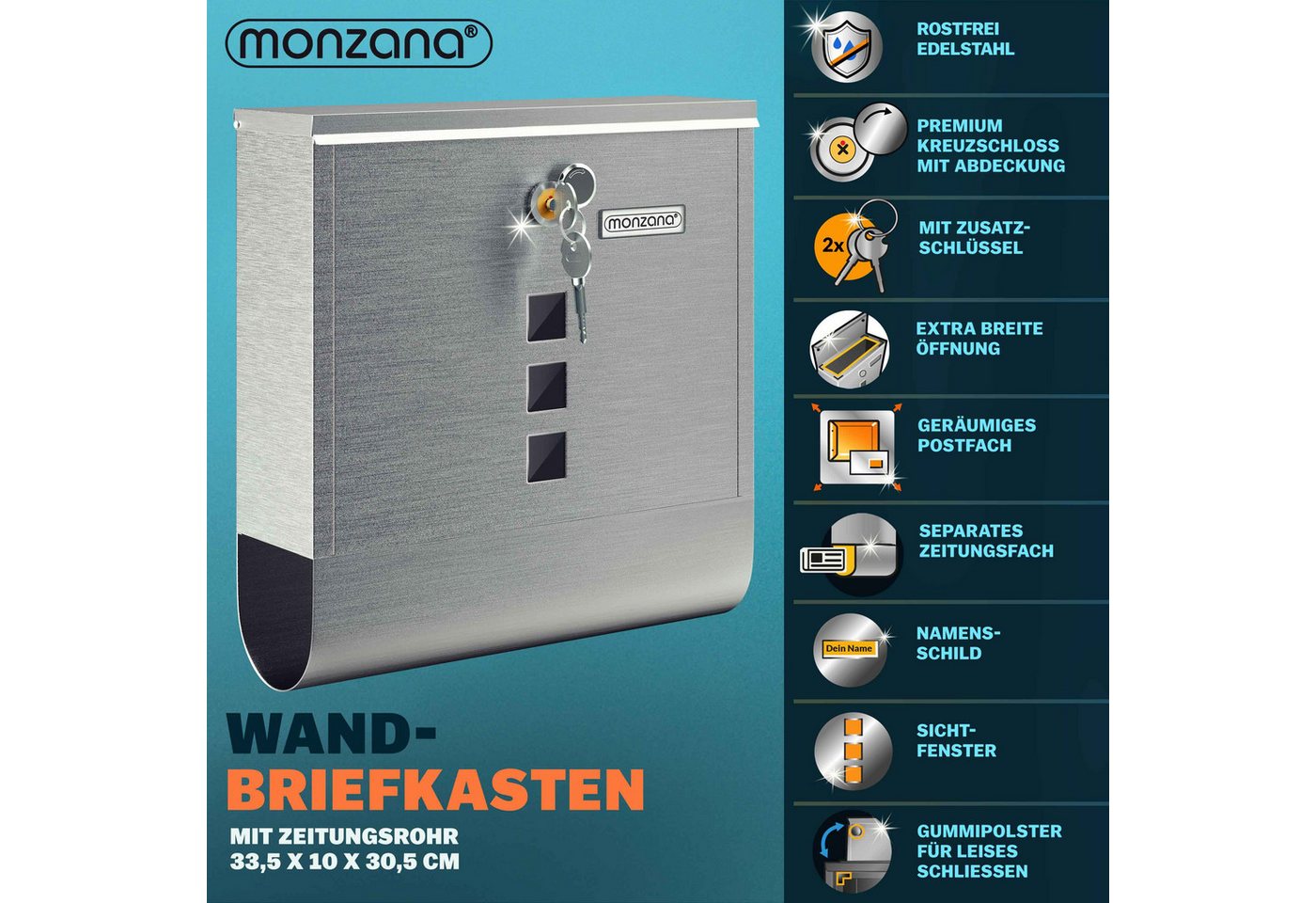 monzana Wandbriefkasten, Silber Edelstahl mit Zeitungsfach Kreuzschloss Sichtfenster – Bild 5 von 5