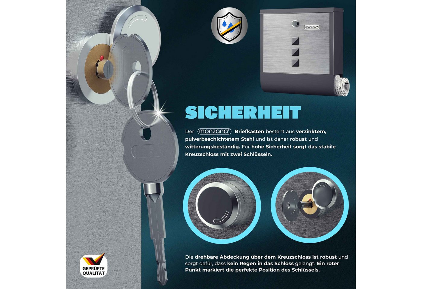 monzana Wandbriefkasten, Schwarz-Silber Edelstahl mit Zeitungsfach Kreuzschloss Sichtfenster – Bild 2 von 5