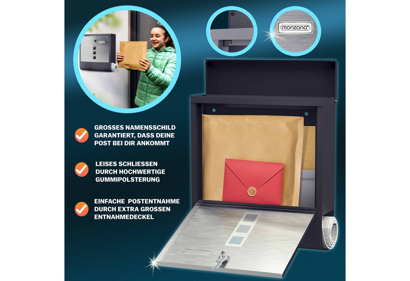monzana Wandbriefkasten, Schwarz-Silber Edelstahl mit Zeitungsfach Kreuzschloss Sichtfenster – Bild 3 von 5