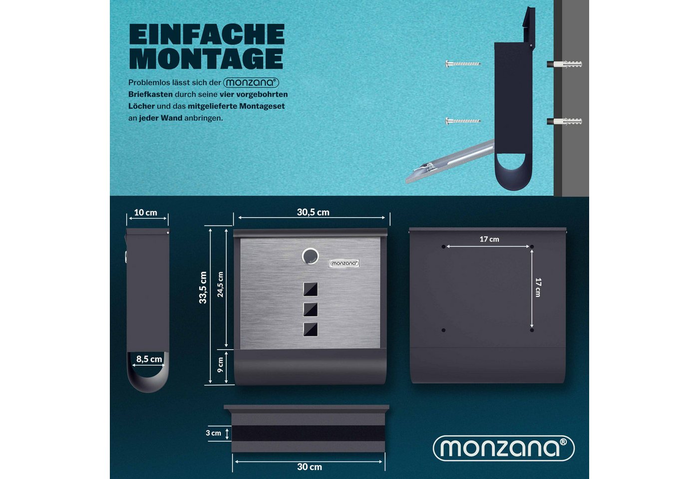 monzana Wandbriefkasten, Schwarz-Silber Edelstahl mit Zeitungsfach Kreuzschloss Sichtfenster – Bild 4 von 5