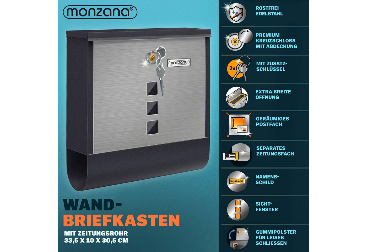 monzana Wandbriefkasten, Schwarz-Silber Edelstahl mit Zeitungsfach Kreuzschloss Sichtfenster – Bild 5 von 5