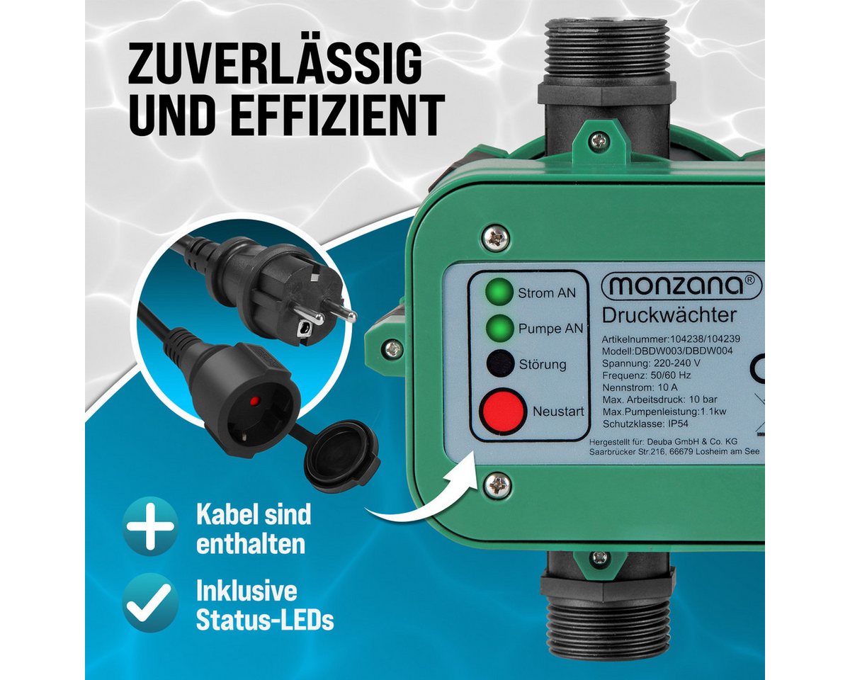 monzana Wasserpumpe, Druckschalter mit Kabel 10 Bar Gartenbewässerung Pumpensteuerung – Bild 2 von 5