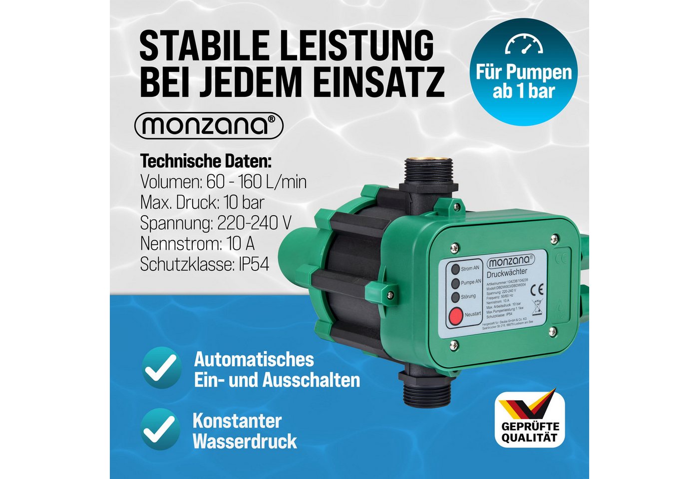 monzana Wasserpumpe, Druckschalter mit Kabel 10 Bar Gartenbewässerung Pumpensteuerung – Bild 3 von 5