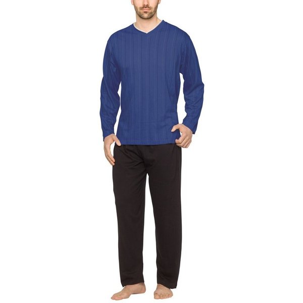 Moonline Pyjama Schlafanzug lang, 100% Baumwolle mit V-Ausschnitt und Streifen-Design