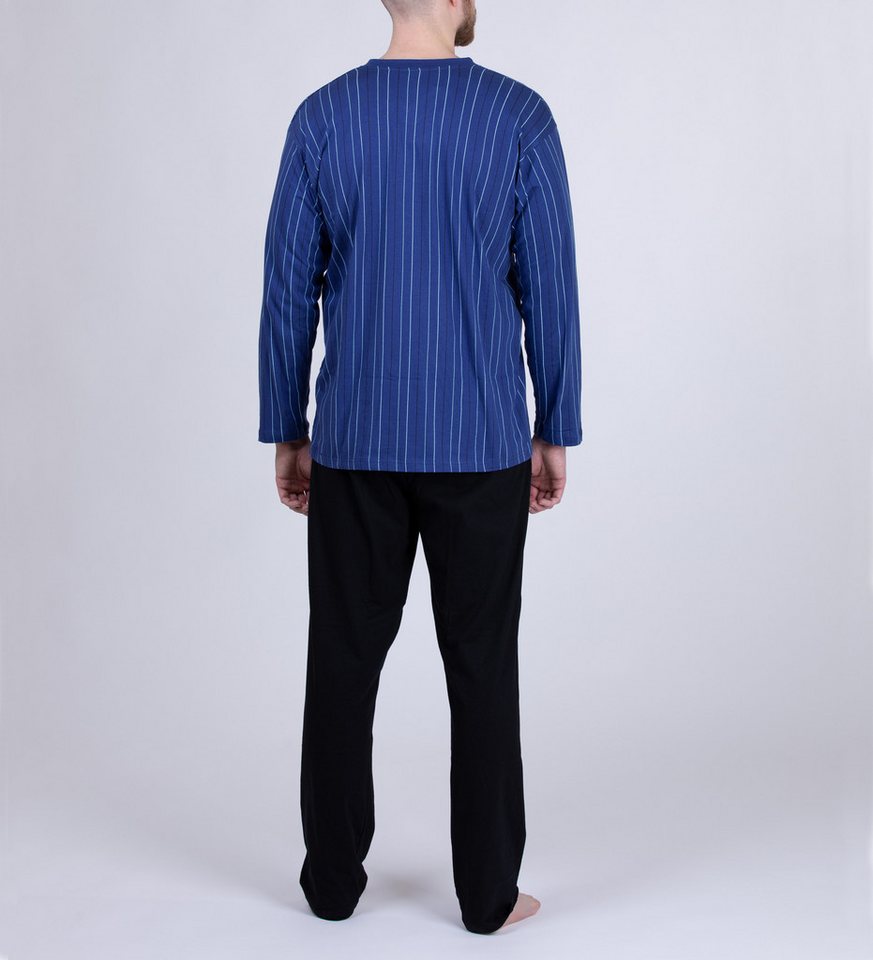 Moonline Pyjama Schlafanzug lang, 100% Baumwolle mit V-Ausschnitt und Streifen-Design – Bild 2 von 5