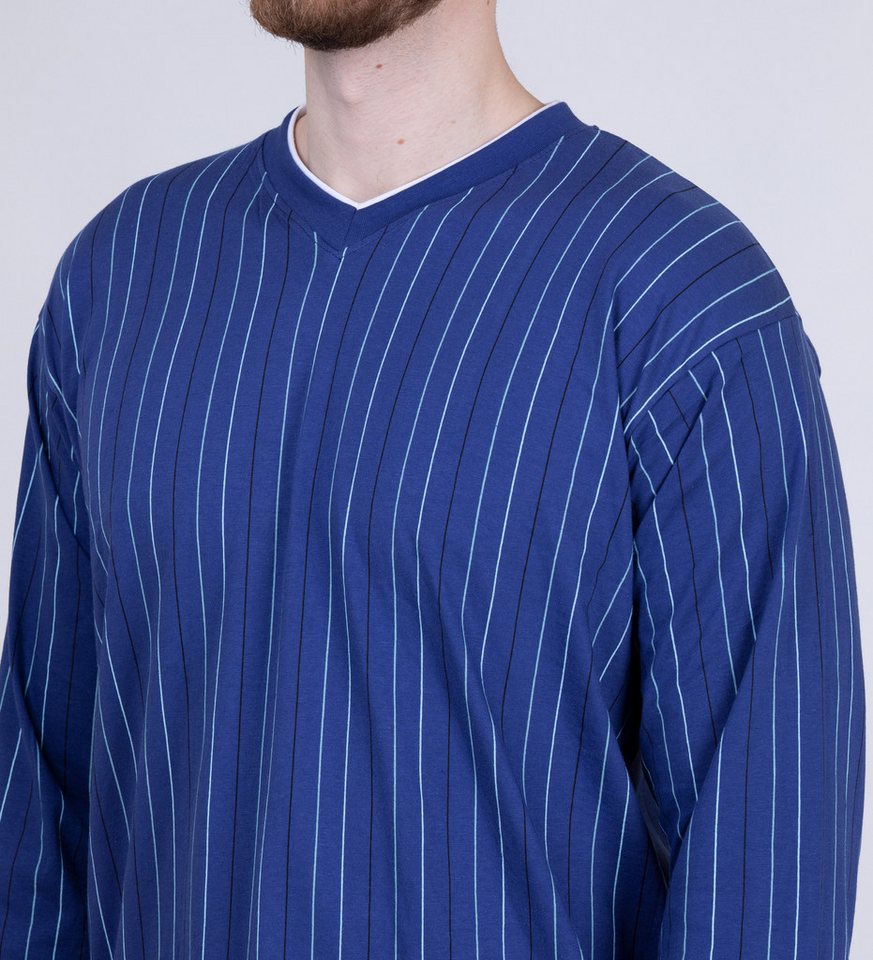 Moonline Pyjama Schlafanzug lang, 100% Baumwolle mit V-Ausschnitt und Streifen-Design – Bild 3 von 5