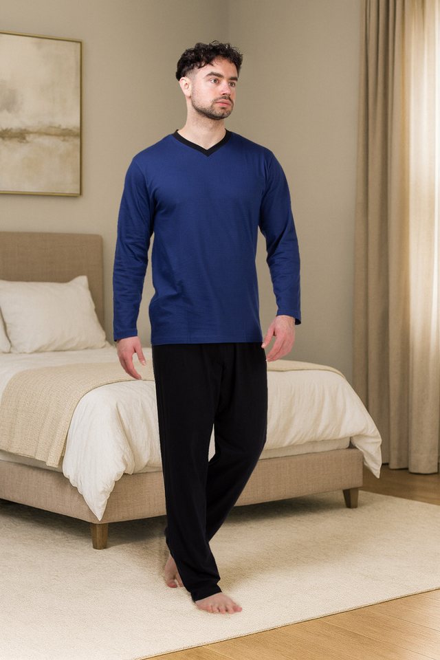 Moonline Pyjama Schlafanzug lang, 100% Baumwolle mit V-Ausschnitt und Streifen-Design – Bild 5 von 5