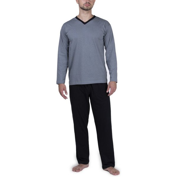 Moonline Pyjama Schlafanzug lang, 100% Baumwolle mit V-Ausschnitt und Streifen-Design