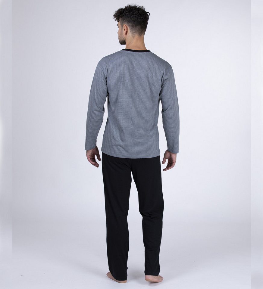 Moonline Pyjama Schlafanzug lang, 100% Baumwolle mit V-Ausschnitt und Streifen-Design – Bild 2 von 5