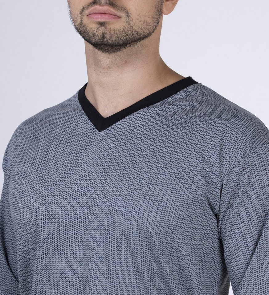 Moonline Pyjama Schlafanzug lang, 100% Baumwolle mit V-Ausschnitt und Streifen-Design – Bild 3 von 5