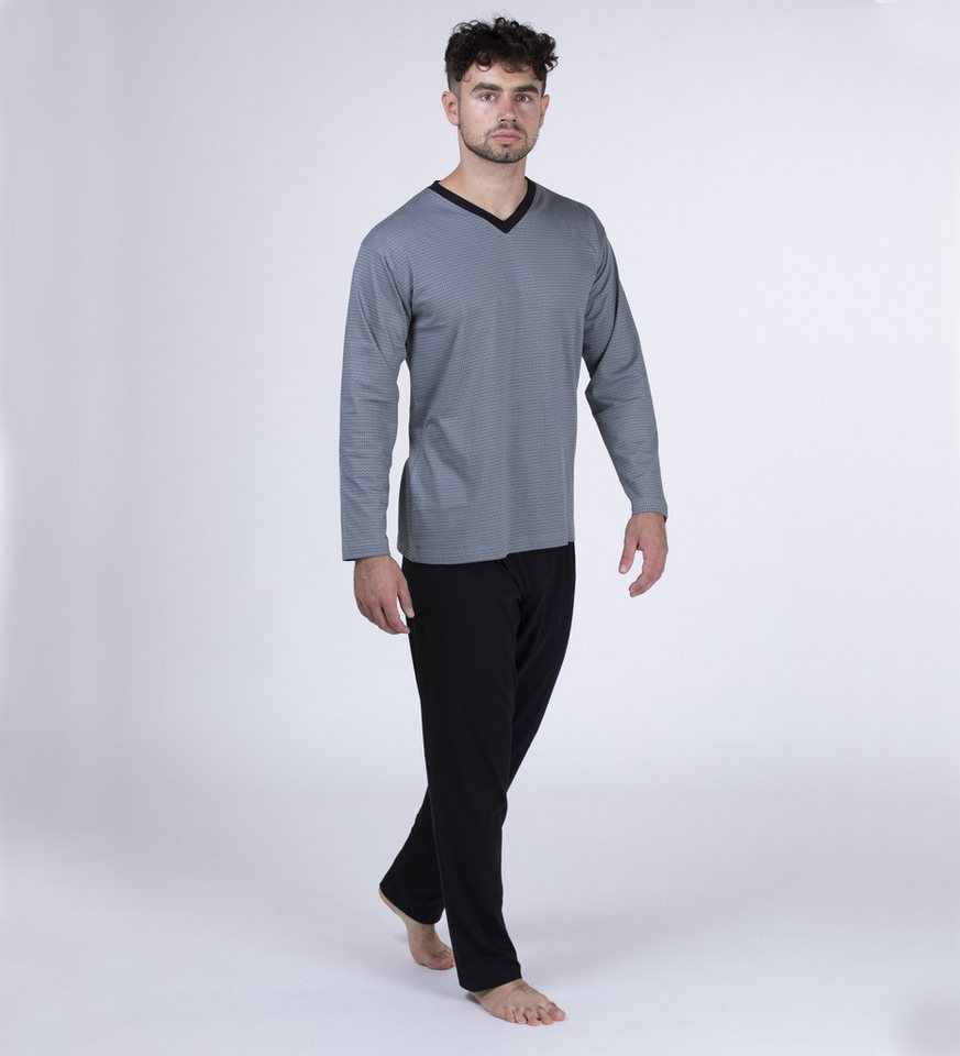 Moonline Pyjama Schlafanzug lang, 100% Baumwolle mit V-Ausschnitt und Streifen-Design – Bild 5 von 5