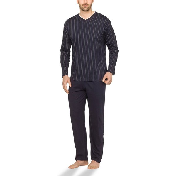 Moonline Pyjama Schlafanzug lang, 100% Baumwolle mit V-Ausschnitt und Streifen-Design