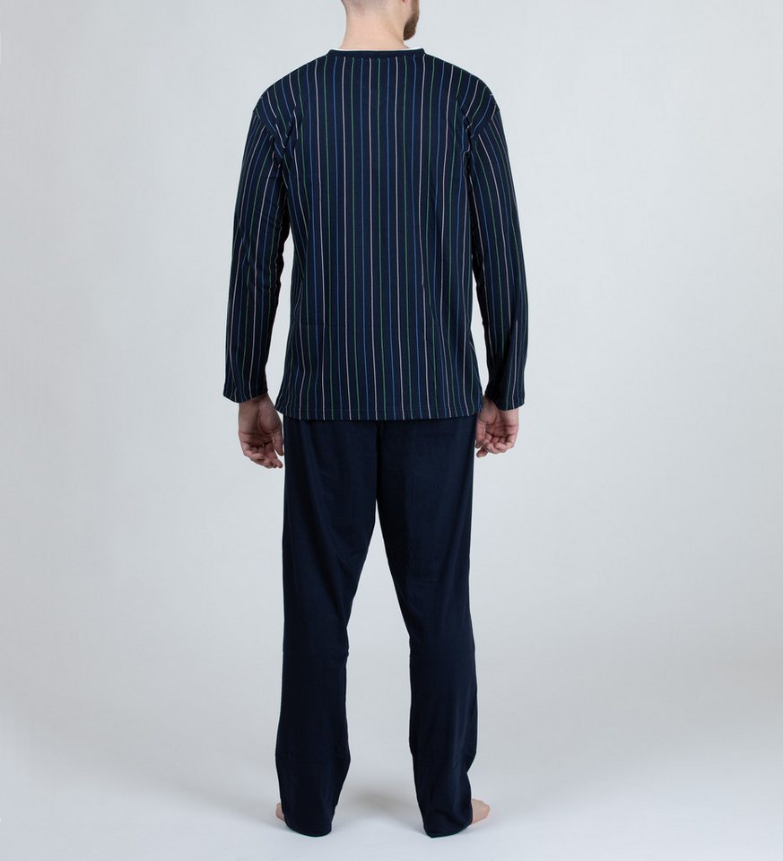 Moonline Pyjama Schlafanzug lang, 100% Baumwolle mit V-Ausschnitt und Streifen-Design – Bild 2 von 5