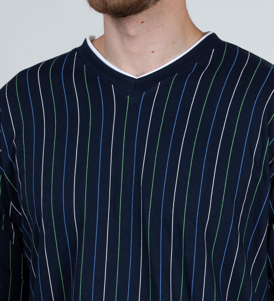 Moonline Pyjama Schlafanzug lang, 100% Baumwolle mit V-Ausschnitt und Streifen-Design – Bild 3 von 5