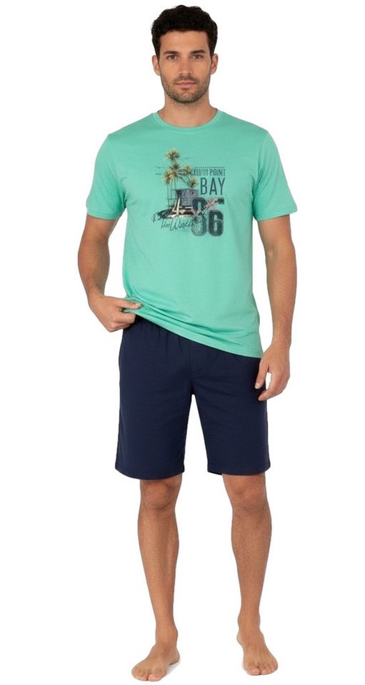 Moonline Shorty Kurzer Herren Schlafanzug Pyjama Nachtwäsche Kurzarm 100% Baumwolle (2 tlg) atmungsaktiv – Bild 2 von 5