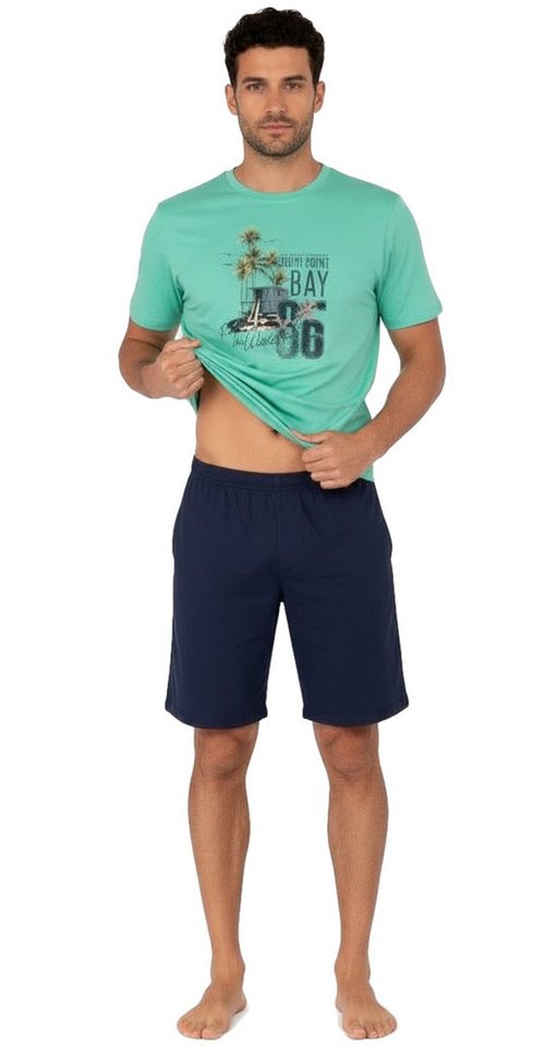 Moonline Shorty Kurzer Herren Schlafanzug Pyjama Nachtwäsche Kurzarm 100% Baumwolle (2 tlg) atmungsaktiv – Bild 4 von 5