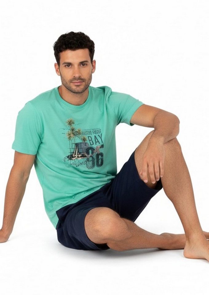 Moonline Shorty Kurzer Herren Schlafanzug Pyjama Nachtwäsche Kurzarm 100% Baumwolle (2 tlg) atmungsaktiv – Bild 5 von 5