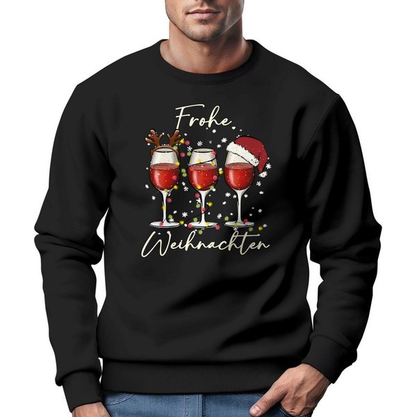 MoonWorks Sweatshirt Sweatshirt Herren Weihnachtspullover Weingläser Aufdruck Frohe