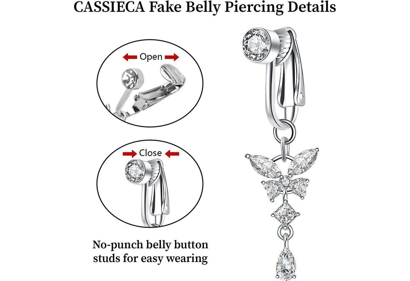 Moosono Bauchnabelpiercing Fake Bauchnabelpiercing mit Kristallkugel Anhänger Blumen Nabel – Bild 2 von 5