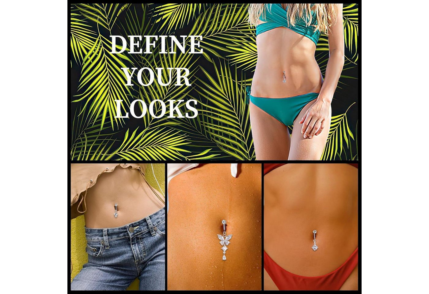 Moosono Bauchnabelpiercing Fake Bauchnabelpiercing mit Kristallkugel Anhänger Blumen Nabel – Bild 3 von 5