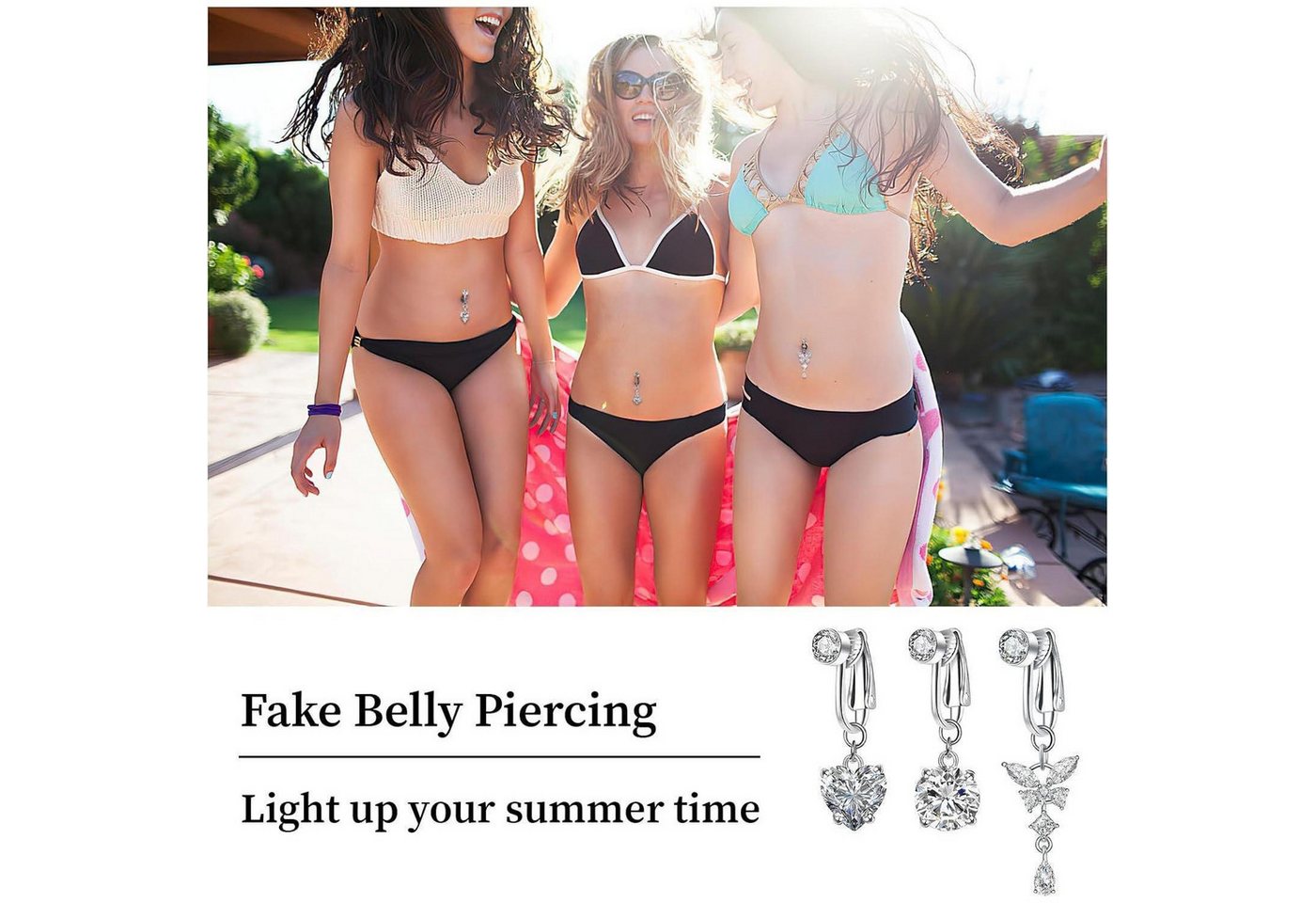 Moosono Bauchnabelpiercing Fake Bauchnabelpiercing mit Kristallkugel Anhänger Blumen Nabel – Bild 5 von 5