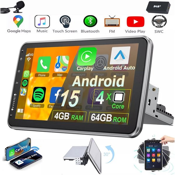 MOPECT 4+64G Android 15 Autoradio 1 DIN 360° Drehbar Bildschirm Carplay Navigationsgerät (Carplay Android Auto Bluetooth FM AM RDS WIFI GPS)