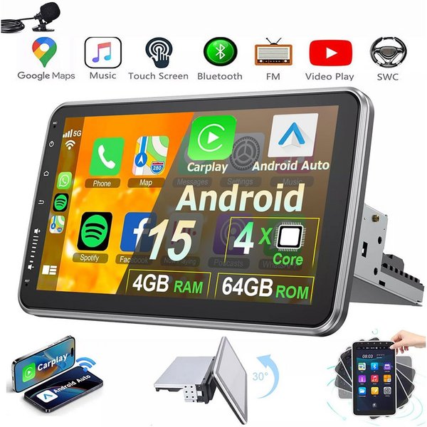MOPECT 4+64G Android 15 Autoradio 1 DIN 360° Drehbar Bildschirm Carplay Navigationsgerät (Carplay Android Auto Bluetooth FM AM RDS WIFI GPS)