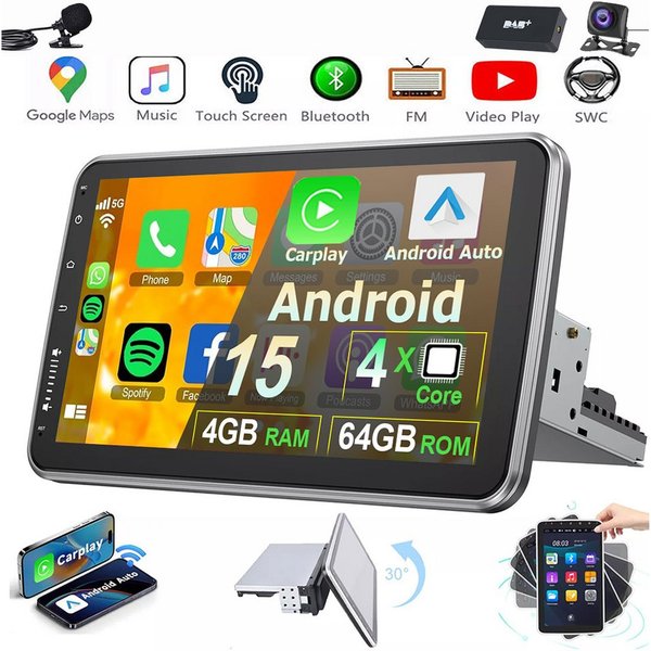 MOPECT 4+64G Android 15 Autoradio 1 DIN 360° Drehbar Bildschirm Carplay Navigationsgerät (Carplay Android Auto Bluetooth FM AM RDS WIFI GPS)