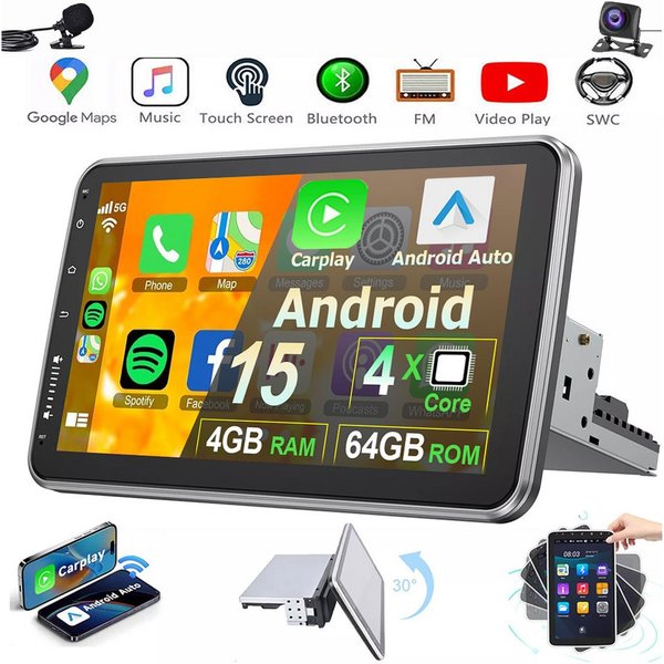 MOPECT 4+64G Android 15 Autoradio 1 DIN 360° Drehbar Bildschirm Carplay Navigationsgerät (Carplay Android Auto Bluetooth FM AM RDS WIFI GPS)